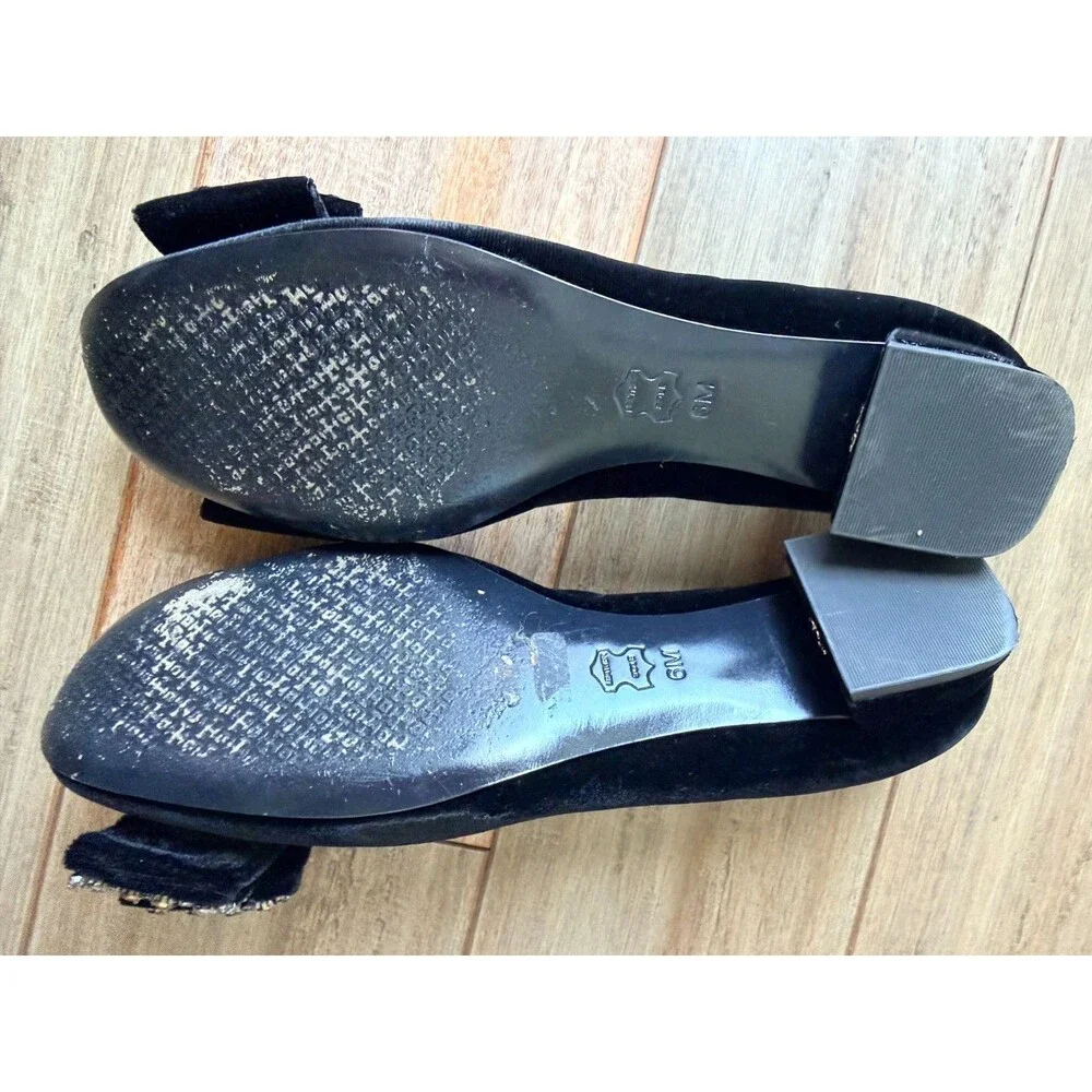 Tory Burch Black Velvet Peep Toe Crystal Bow Flats - Leather Sole - Size 6M